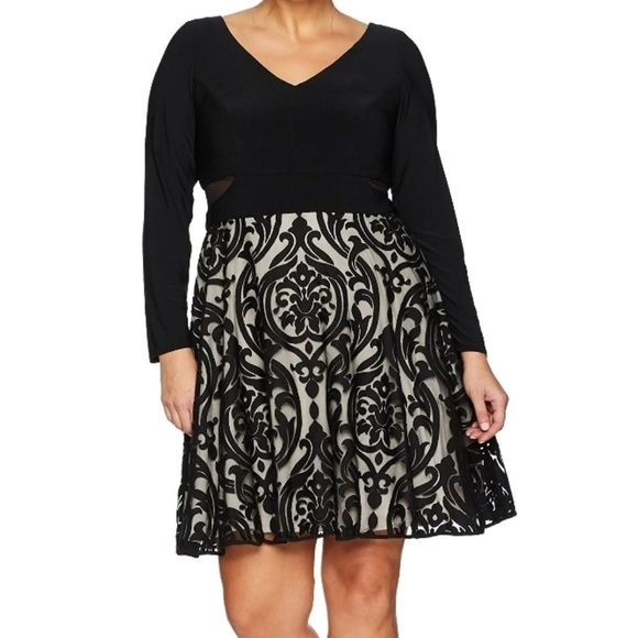 Xscape Double-V Damask Fit & Flare Formal Mini Dress Black/Nude Damask Lace 20W - Picture 1 of 14